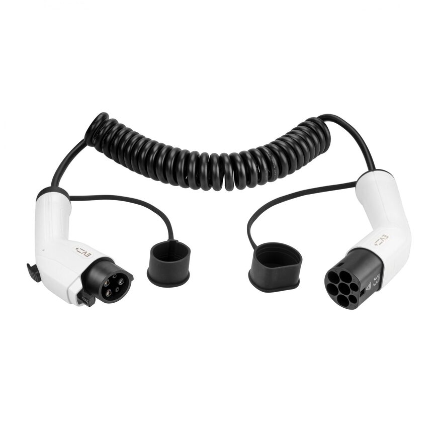 EV Charging Cable Type 1 to Type 2 Spiral 16A 1 Phase 8m